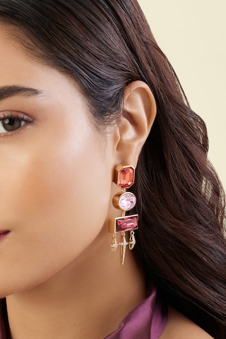 Shop Isharya Multi Color Crystals, Stones Stardust Pink Danglers In 18kt Gold Plated Online at Aza Fashions Shop_Isharya_Multi Color Crystals, Stones Stardust Pink Danglers In 18kt Gold Plated _Online_at_Aza_Fashions