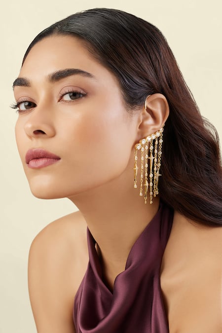 Shop_Isharya_Gold Plated Crystals, Stones Dhatris Curtain Of Passion Earrings _Online_at_Aza_Fashions