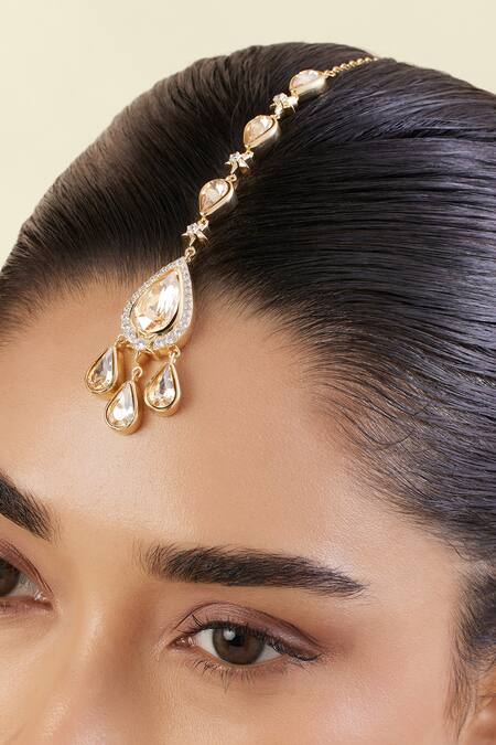 Shop_Isharya_Gold Plated Sylvara Embellished Maangtikka _Online_at_Aza_Fashions