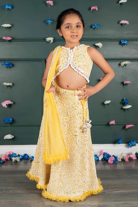 Shruti Jalan_Yellow Georgette, Shantoon, Net Mirrors, Embroidery, Tassels, Work Lehenga Set _Online_at_Aza_Fashions