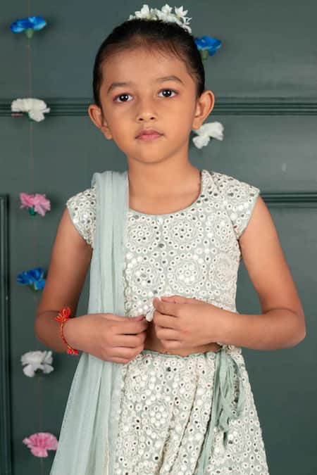 Shruti Jalan_Green Georgette, Net Embroidery, Mirrors Lehenga Set _Online_at_Aza_Fashions