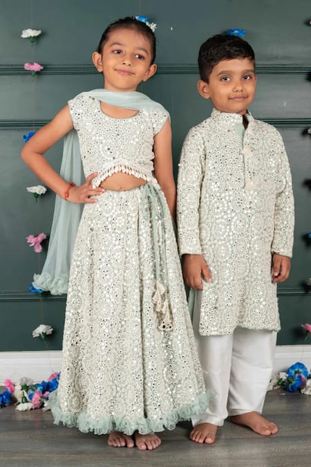 Shop_Shruti Jalan_Green Georgette, Net Embroidery, Mirrors Lehenga Set _Online_at_Aza_Fashions