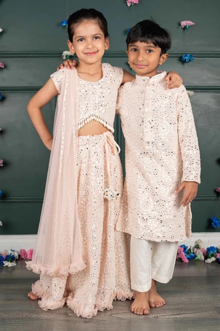 Shop_Shruti Jalan_Pink Georgette, Shantoon, Net Sequins Embroidered Lehenga Set _Online_at_Aza_Fashions