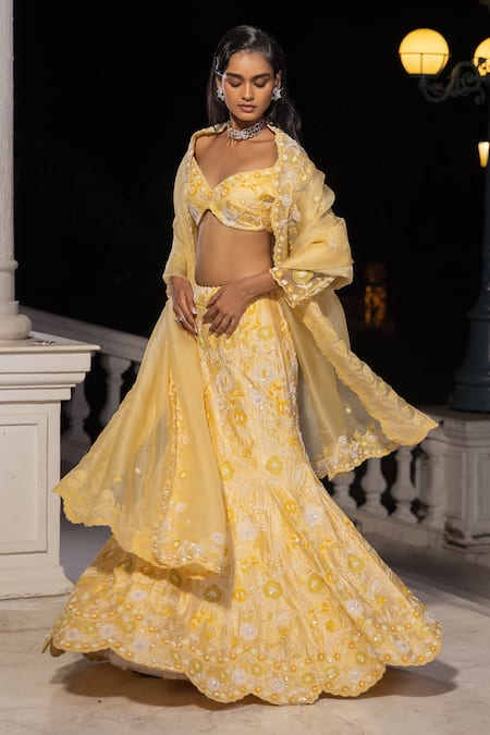 Buy_House Of Armuse_Yellow Satin, Organza Embroidery, Sequins, Beads Sweetheart Fishcut Lehenga Set _Online_at_Aza_Fashions