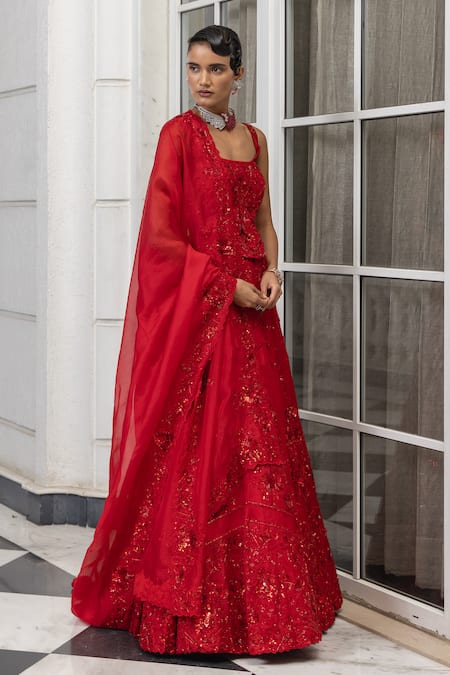 House Of Armuse_Red Satin, Organza Sequins, Beads, Embroidery Square And Embellished Lehenga Set _Online_at_Aza_Fashions