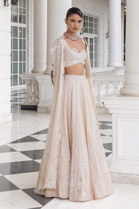 Buy_House Of Armuse_Pink Organza, Satin Sequins, Scallop Blouse And Shimmer Embellished Lehenga Set _Online_at_Aza_Fashions