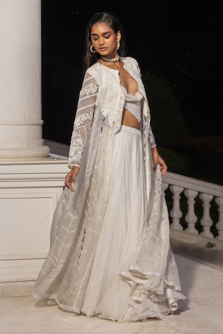 House Of Armuse_White Chiffon, Organza Sequins, Embroidery Floral Pattern Jacket Lehenga Set _Online_at_Aza_Fashions