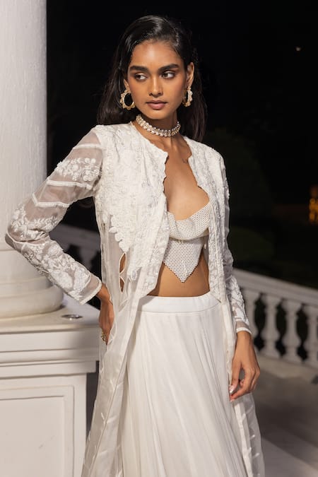 Buy_House Of Armuse_White Chiffon, Organza Sequins, Embroidery Floral Pattern Jacket Lehenga Set _Online_at_Aza_Fashions