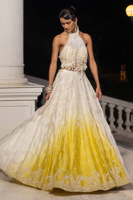 House Of Armuse_Yellow Organza Embroidery, Pearls, Tassels, Sequins Halter Ombre Lehenga Set _Online_at_Aza_Fashions
