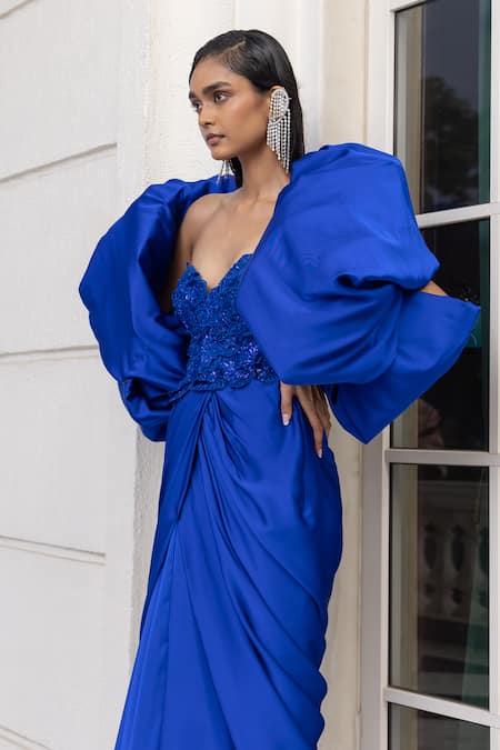 House Of Armuse_Blue Satin Sequins, Beads, Embroidery Corset Gown With Structured Cape _Online_at_Aza_Fashions