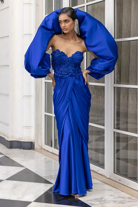 Buy_House Of Armuse_Blue Satin Sequins, Beads, Embroidery Corset Gown With Structured Cape _Online_at_Aza_Fashions