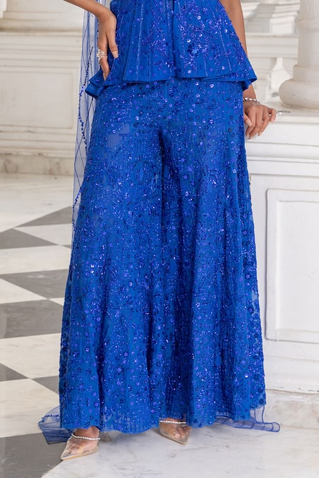 Shop_House Of Armuse_Blue Net Beads, Embroidery, Sequins V-neck, Beadwork Peplum Kurta Sharara Set _Online_at_Aza_Fashions