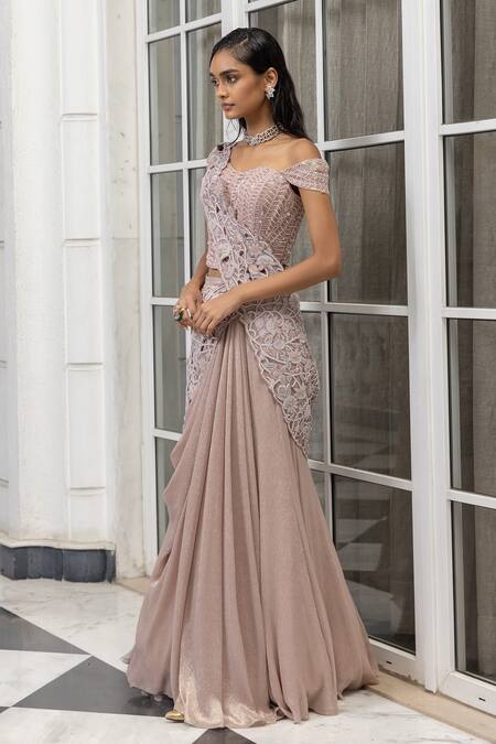 House Of Armuse_Peach Crinkle Sequins, Beads, Embroidery Corset And Pre-draped Saree Set _Online_at_Aza_Fashions