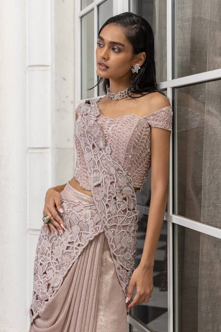 Buy_House Of Armuse_Peach Crinkle Sequins, Beads, Embroidery Corset And Pre-draped Saree Set _Online_at_Aza_Fashions