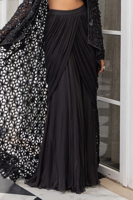 House Of Armuse_Black Satin Sequins, Embroidery, Cut Work Open Neck, Jacket And Draped Skirt Set _Online_at_Aza_Fashions