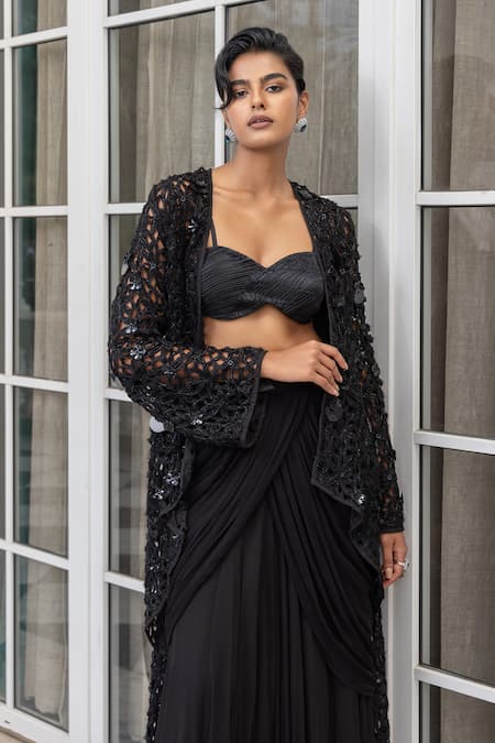 Buy_House Of Armuse_Black Satin Sequins, Embroidery, Cut Work Open Neck, Jacket And Draped Skirt Set _Online_at_Aza_Fashions