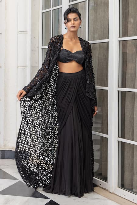House Of Armuse Embroidered Cutwork Jacket & Draped Skirt Set 