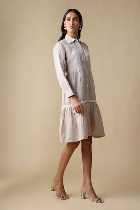 Shop_Linera_Beige Linen Embroidery Collared, Button-down Neck Blend Shirt Dress _Online_at_Aza_Fashions