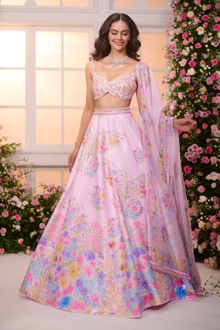 Label Priyanka Kar Floral Hand Embroidered Lehenga Blouse Set 