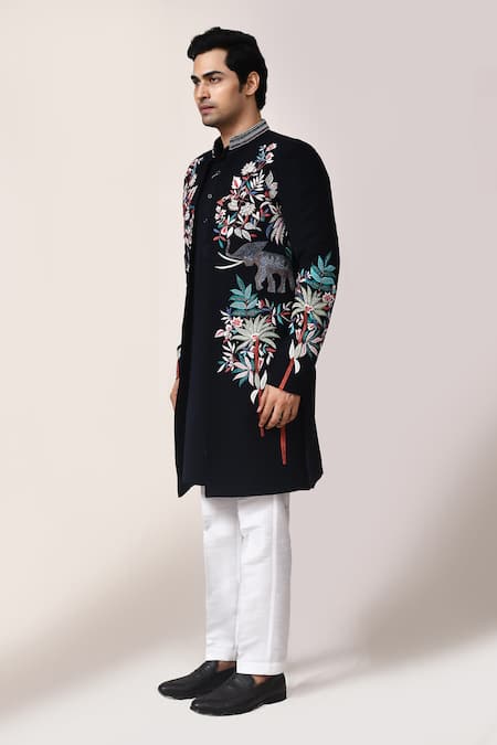 Shop_Arihant Rai Sinha_Navy Embroidery Floral Sherwani Set _Online_at_Aza_Fashions