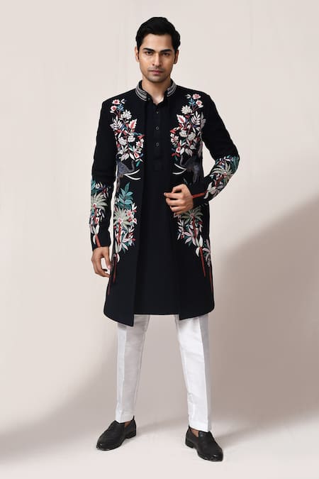 Arihant Rai Sinha_Navy Embroidery Floral Sherwani Set _at_Aza_Fashions