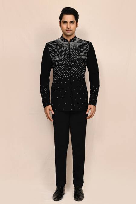 Buy_Arihant Rai Sinha_Black Terrycloth Beads Beadwork Bandhgala Set _Online_at_Aza_Fashions