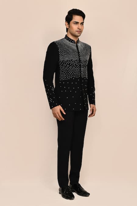 Shop_Arihant Rai Sinha_Black Terrycloth Beads Beadwork Bandhgala Set _Online_at_Aza_Fashions