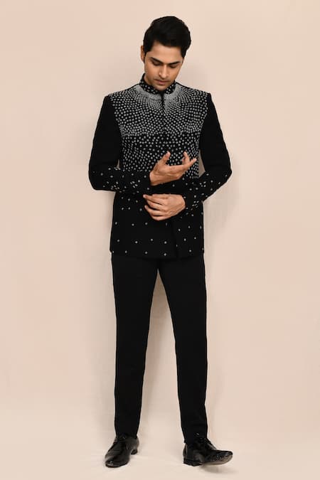 Arihant Rai Sinha_Black Terrycloth Beads Beadwork Bandhgala Set _at_Aza_Fashions