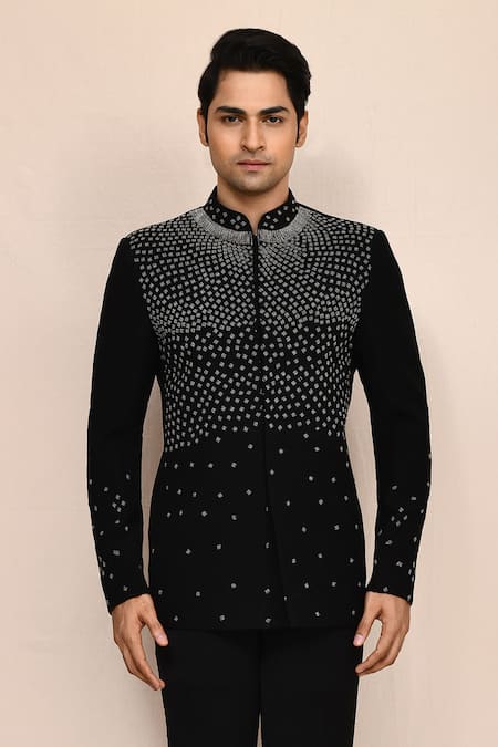 Buy_Arihant Rai Sinha_Black Terrycloth Beads Beadwork Bandhgala Set 