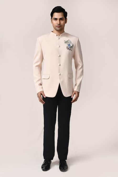 Arihant Rai Sinha_Cream Rayon Embroidery Bandhgala And Black Pant Set _Online_at_Aza_Fashions