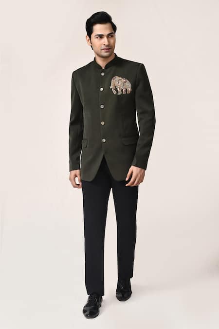 Arihant Rai Sinha Mehandi Green Elephant Work Bandhgala Set 