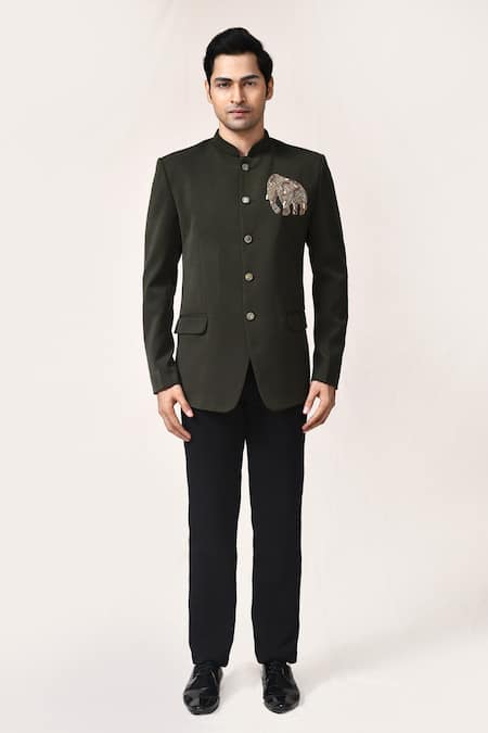 Buy_Arihant Rai Sinha_Green Rayon Embroidery Mehandi Elephant Work Bandhgala Set _Online_at_Aza_Fashions