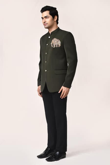 Shop_Arihant Rai Sinha_Green Rayon Embroidery Mehandi Elephant Work Bandhgala Set _Online_at_Aza_Fashions