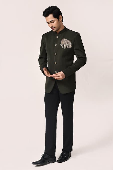 Arihant Rai Sinha_Green Rayon Embroidery Mehandi Elephant Work Bandhgala Set _at_Aza_Fashions