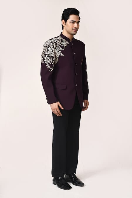 Buy_Arihant Rai Sinha_Burgundy Terrycloth Embroidery Floral Bandhgala And Pant Set _Online_at_Aza_Fashions