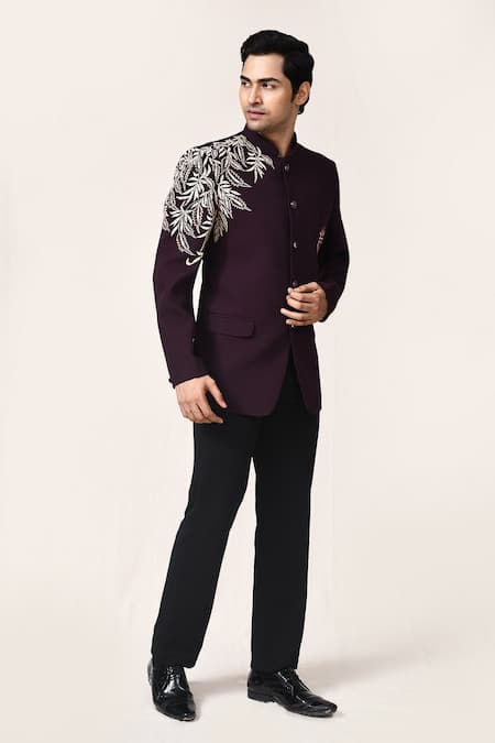 Shop_Arihant Rai Sinha_Burgundy Terrycloth Embroidery Floral Bandhgala And Pant Set _Online_at_Aza_Fashions