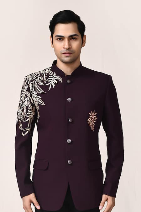 Arihant Rai Sinha_Burgundy Terrycloth Embroidery Floral Bandhgala And Pant Set _at_Aza_Fashions
