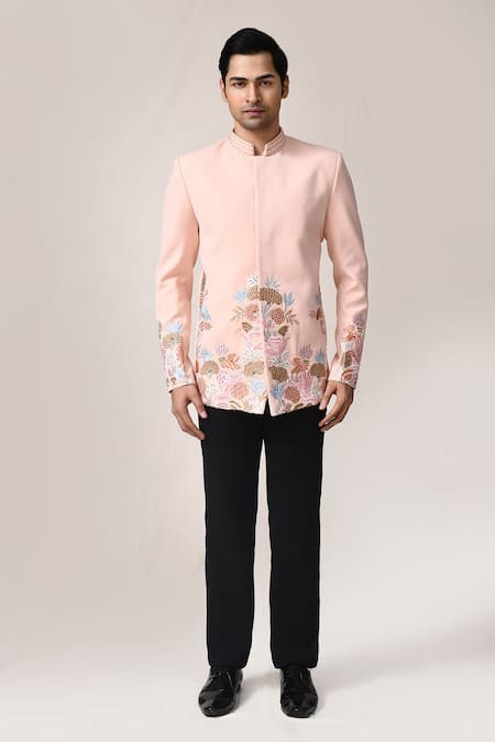 Arihant Rai Sinha_Peach Rayon Embroidery Hand Bandhgala Set _Online_at_Aza_Fashions