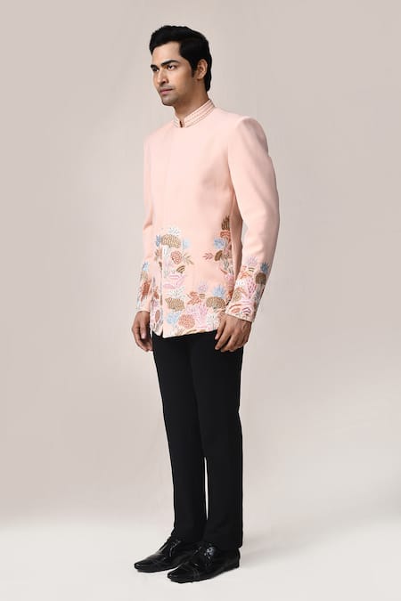 Buy_Arihant Rai Sinha_Peach Rayon Embroidery Hand Bandhgala Set _Online_at_Aza_Fashions