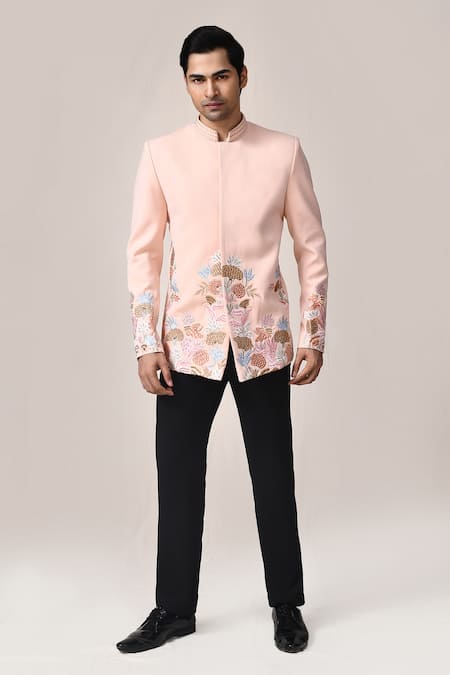 Shop_Arihant Rai Sinha_Peach Rayon Embroidery Hand Bandhgala Set _Online_at_Aza_Fashions