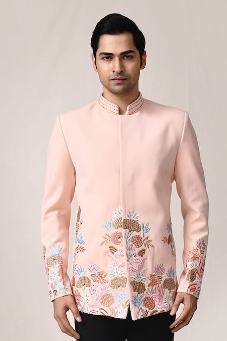 Arihant Rai Sinha_Peach Rayon Embroidery Hand Bandhgala Set _at_Aza_Fashions