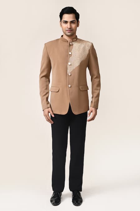 Arihant Rai Sinha_Beige Rayon Embroidery Terry Bandhgala And Pant Set _Online_at_Aza_Fashions