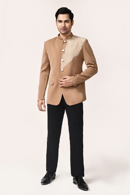 Shop_Arihant Rai Sinha_Beige Rayon Embroidery Terry Bandhgala And Pant Set _Online_at_Aza_Fashions