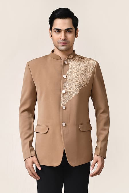 Arihant Rai Sinha_Beige Rayon Embroidery Terry Bandhgala And Pant Set _at_Aza_Fashions