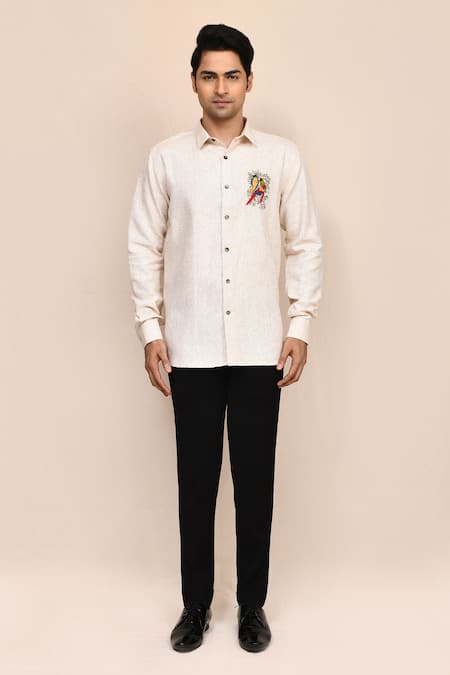 Buy_Aryavir Malhotra_Cream Linen Embroidery Animal Work Shirt _Online_at_Aza_Fashions