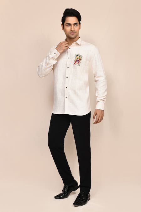 Shop_Aryavir Malhotra_Cream Linen Embroidery Animal Work Shirt _Online_at_Aza_Fashions