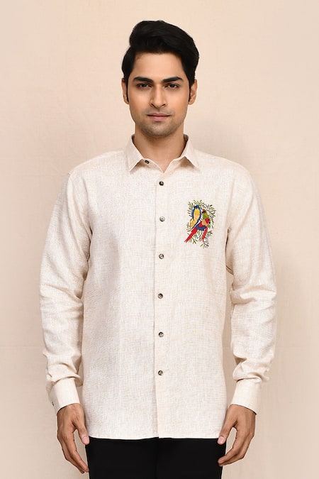Aryavir Malhotra_Cream Linen Embroidery Animal Work Shirt _at_Aza_Fashions