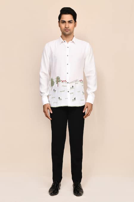 Buy_Aryavir Malhotra_White Linen Embroidery Thread Work Shirt _Online_at_Aza_Fashions