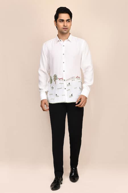 Shop_Aryavir Malhotra_White Linen Embroidery Thread Work Shirt _Online_at_Aza_Fashions