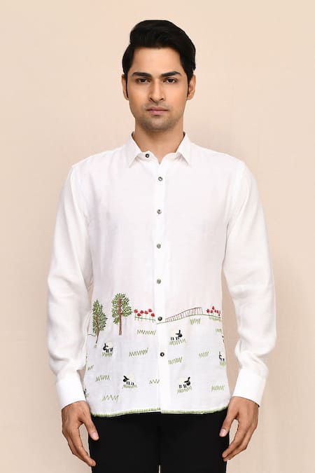 Aryavir Malhotra White Linen Embroidery Thread Work Shirt at Aza Fashions Aryavir Malhotra_White Linen Embroidery Thread Work Shirt _at_Aza_Fashions